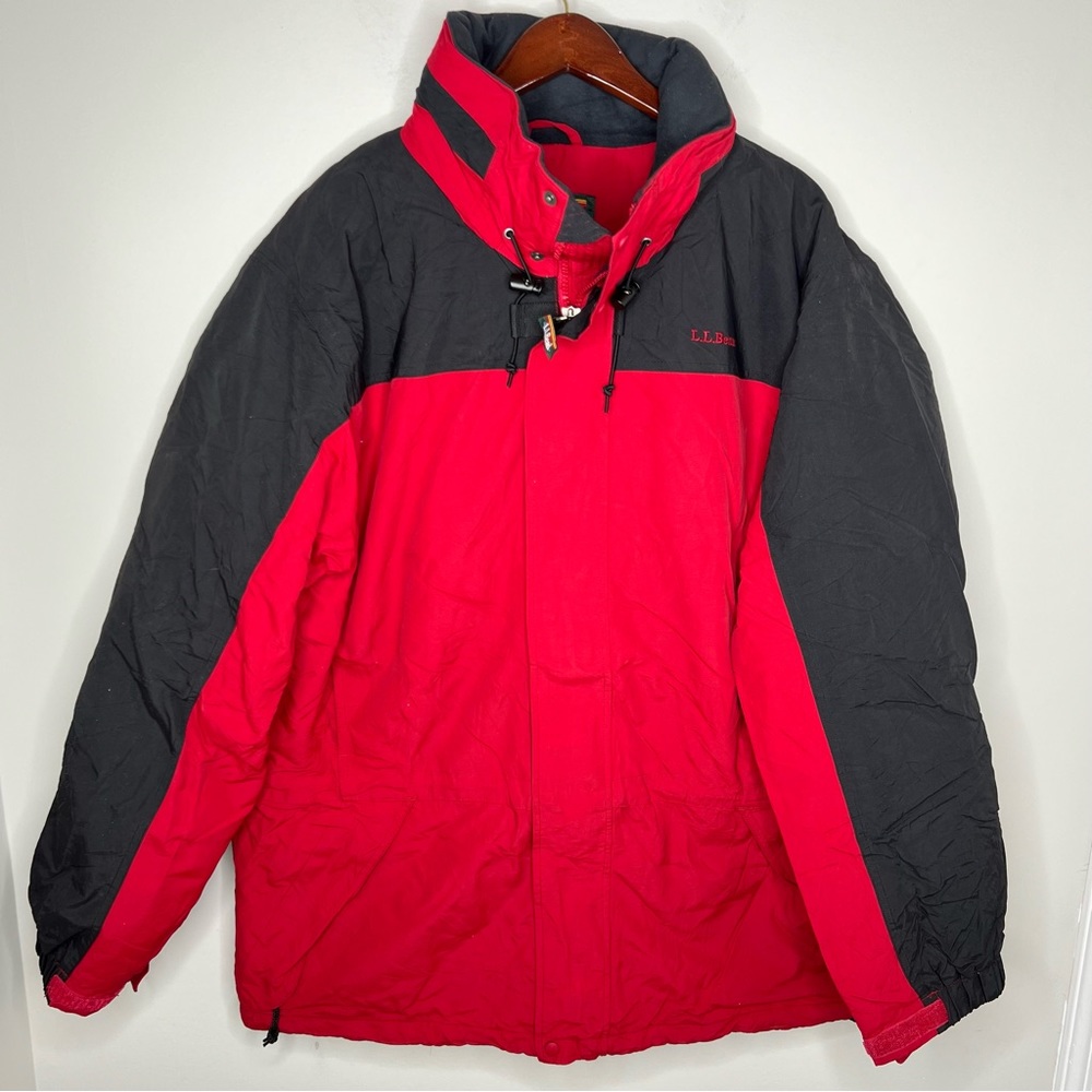 mens ll bean thinsulate coat jacket Large Packaway hood black Red